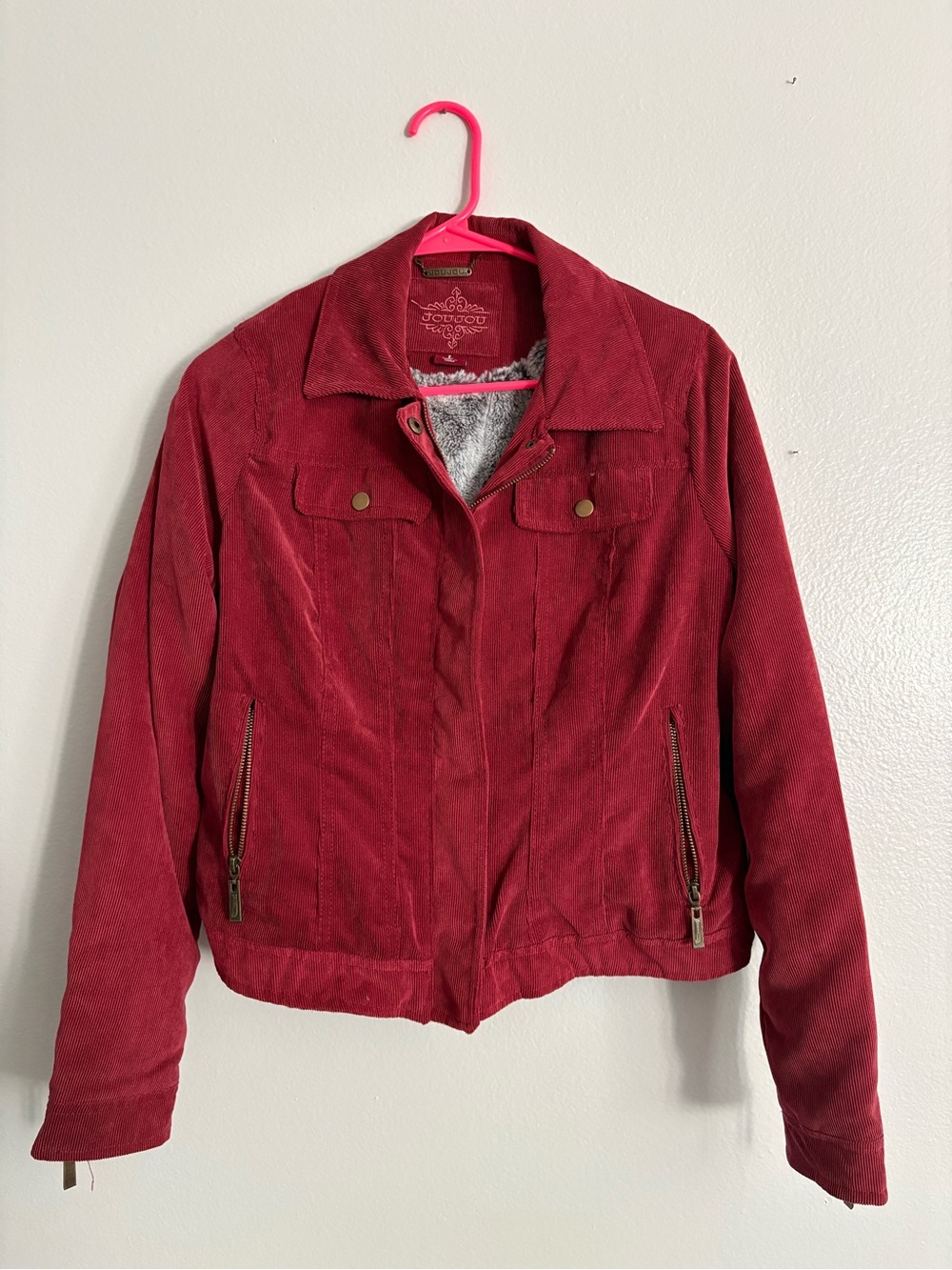Jou Jou Red Corduroy Jacket with Faux Fur Trim